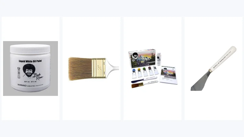 Bob Ross painting supplies for beginners including Liquid White, 2-inch brush and oil paint set