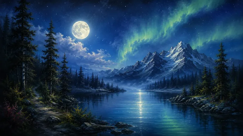 Bob Ross style Alaska northern lights mountain lake oil painting, the kind of scene Bob Ross learned to paint