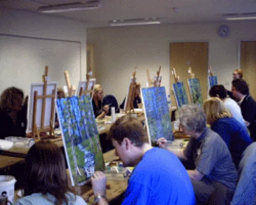 Finished beginner oil paintings from an art class near Ashford