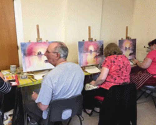 Wet-on-wet landscape painting workshop for Kent students Wet-on-wet landscape painting students in a Bob Ross workshop
