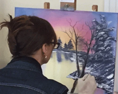 Finished beginner oil paintings from an art class near Horsham