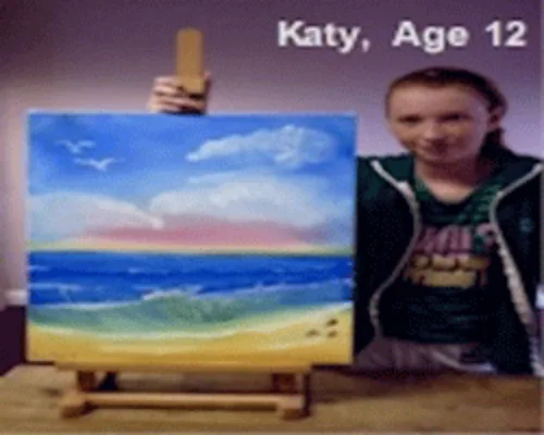 Young student Katy age 12 with her Bob Ross style oil painting - painting classes for all ages