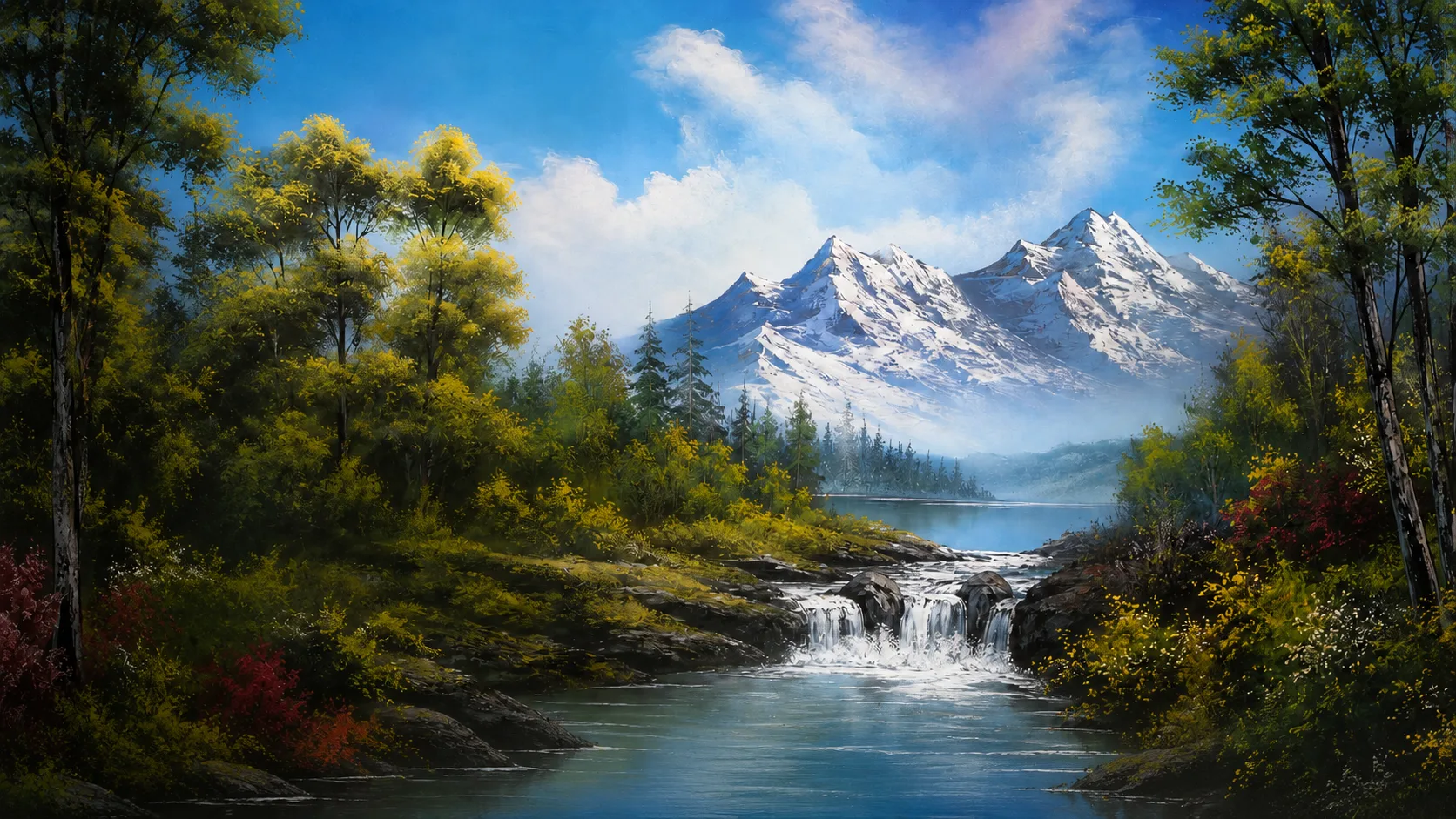 Bob Ross style mountain oil painting for painting classes in Kent