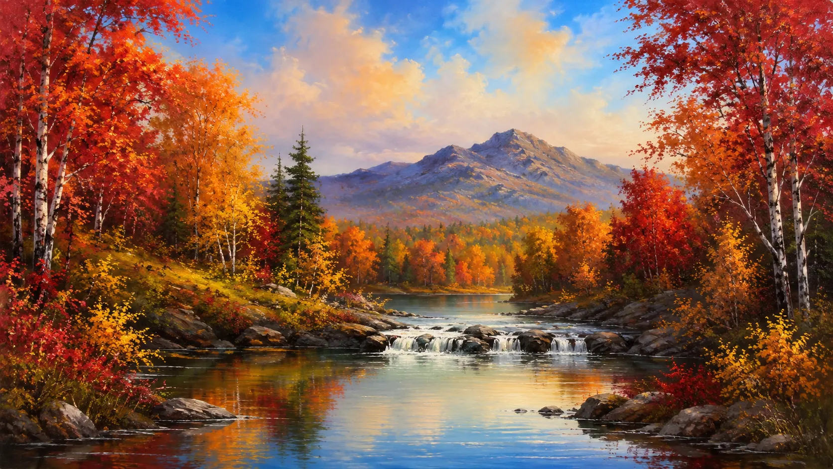 Bob Ross style autumn river and mountain oil painting for beginners