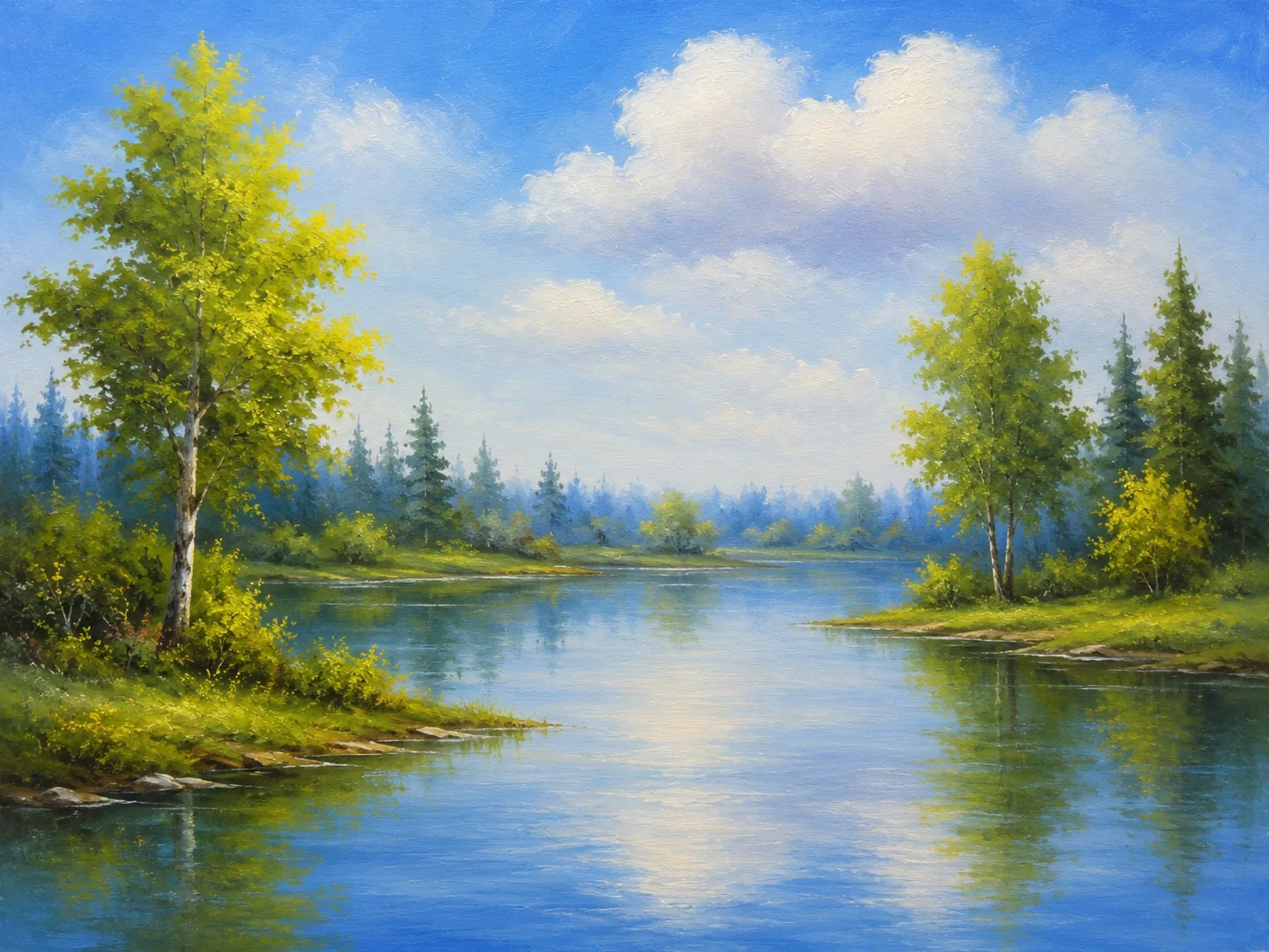 Bob Ross style bright lake landscape oil painting for a Kent painting experience day