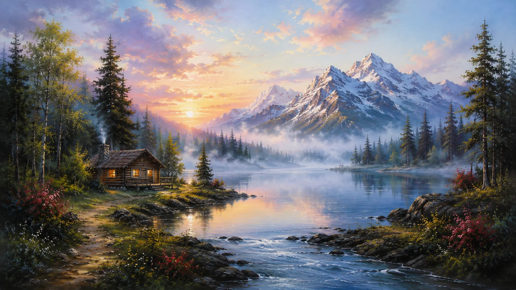 Bob Ross style cabin lake oil painting terms and conditions