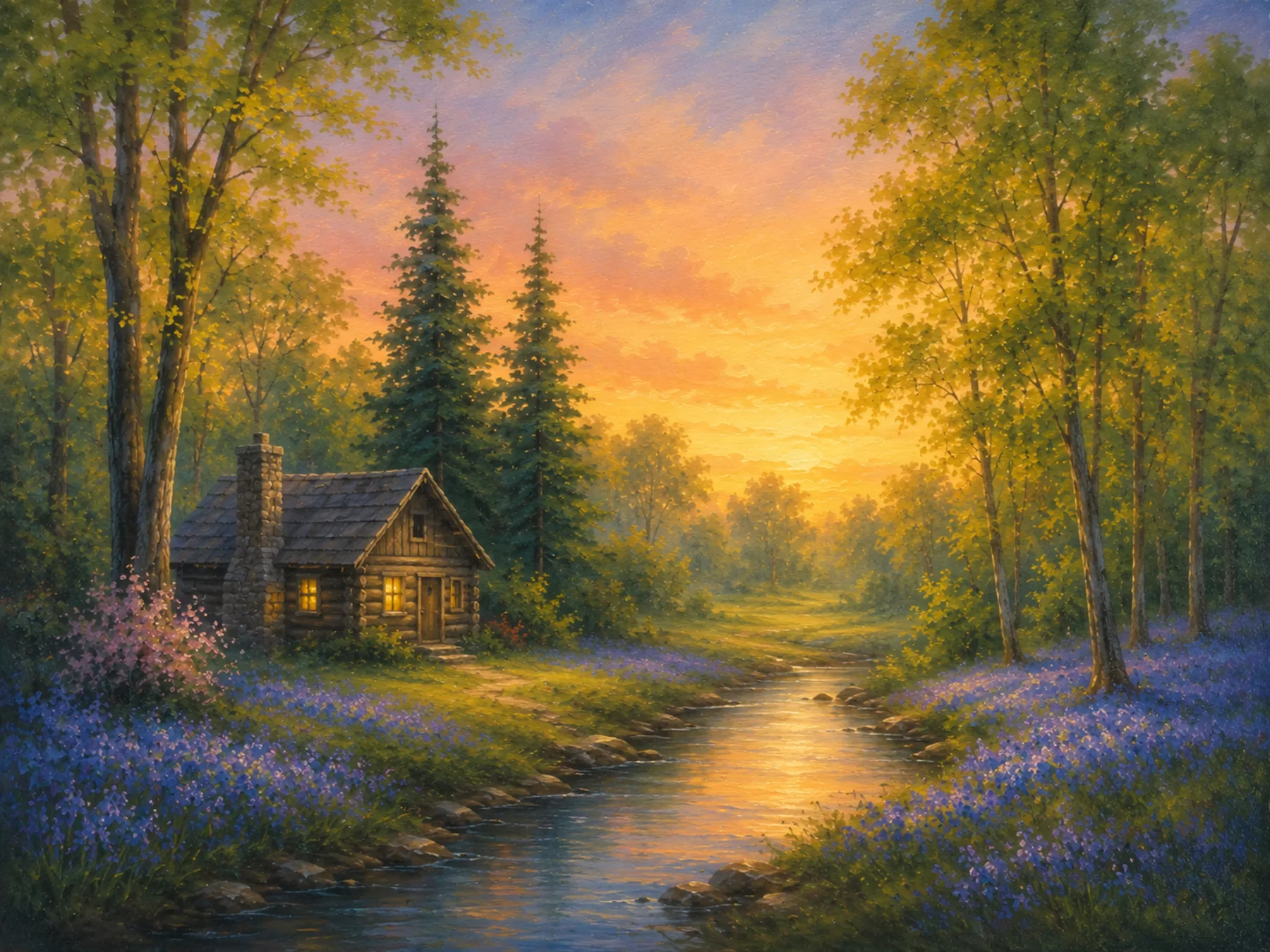 Warm Bob Ross style cabin sunset oil painting for private painting parties in Kent