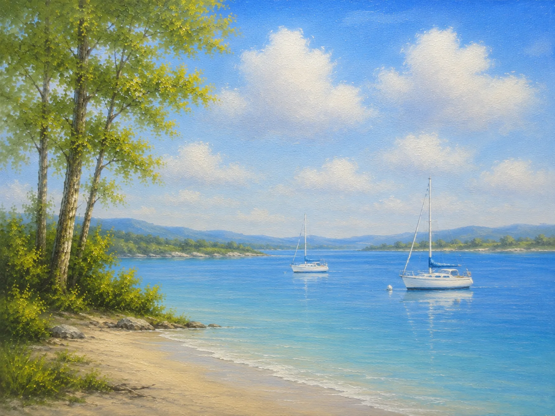 Calm Bob Ross style coastal sailing oil painting for corporate painting team building in Kent