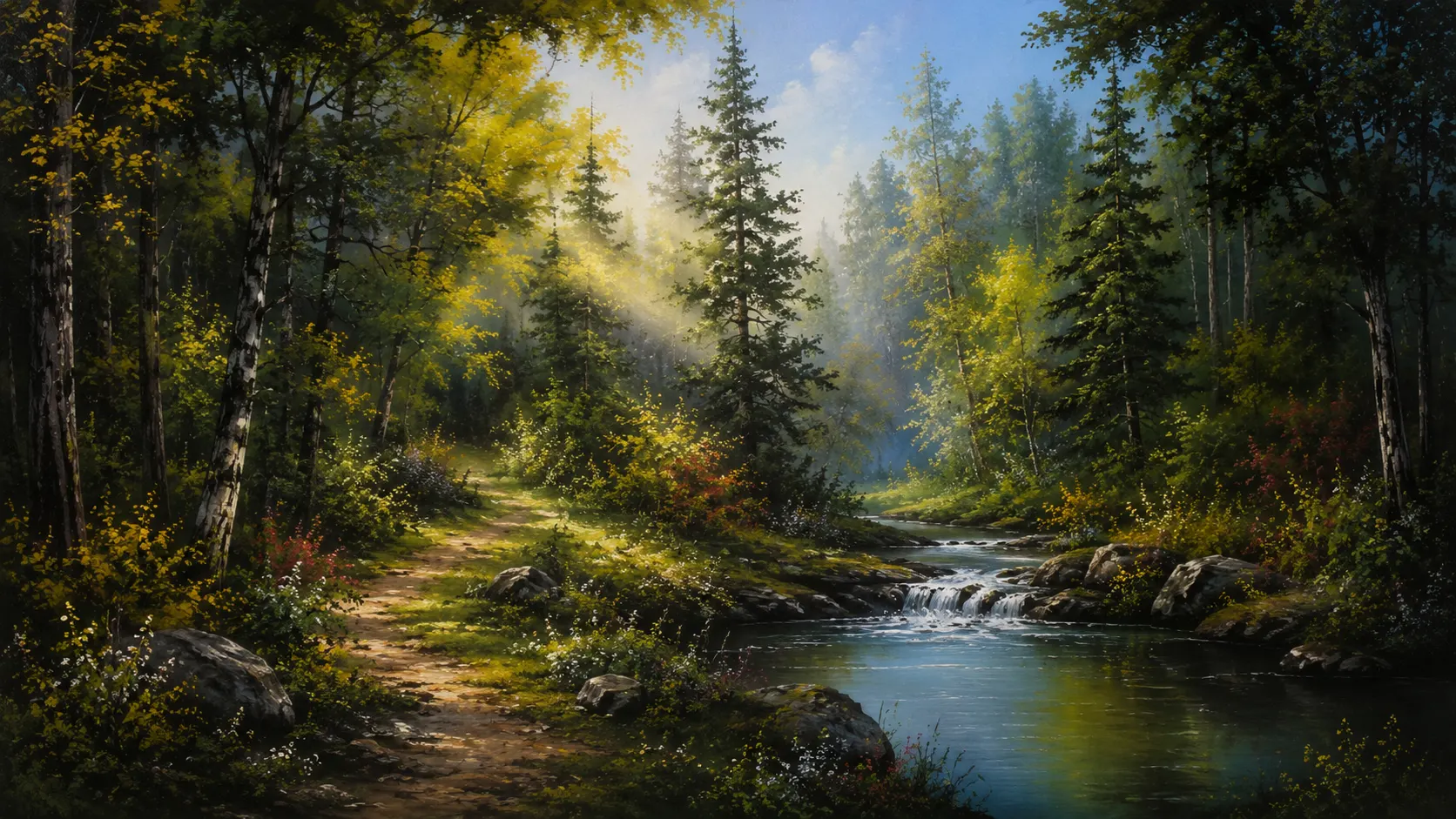 Bob Ross style forest stream oil painting technique guide
