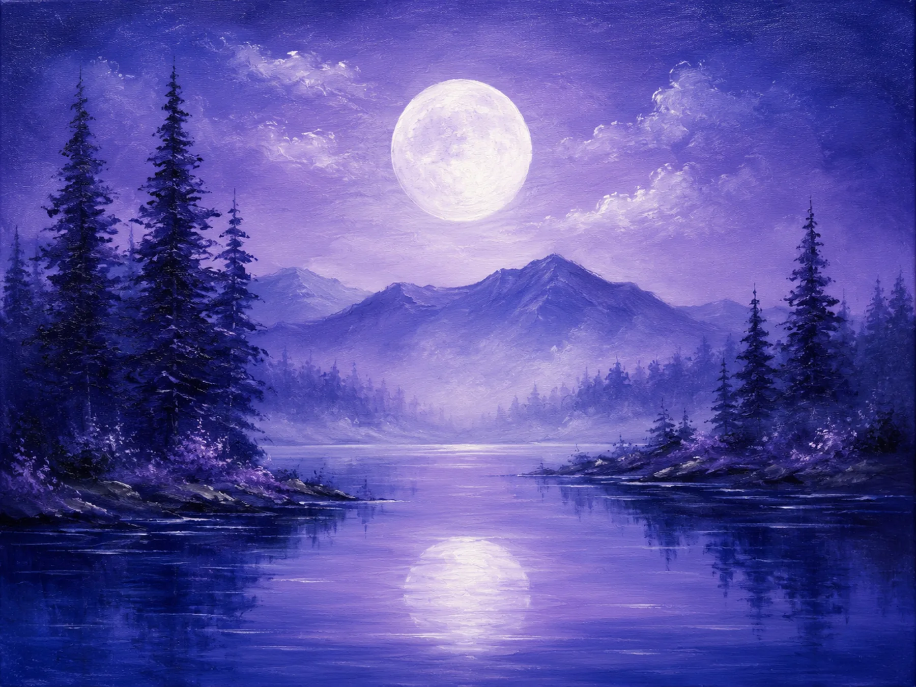 Peaceful Bob Ross style moonlit mountain oil painting for wellbeing painting days in Kent