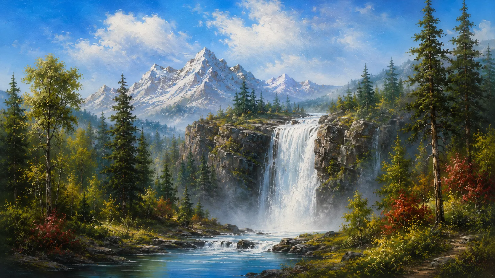 Wet-on-wet mountain waterfall oil painting inspired by Bill Alexander and Bob Ross