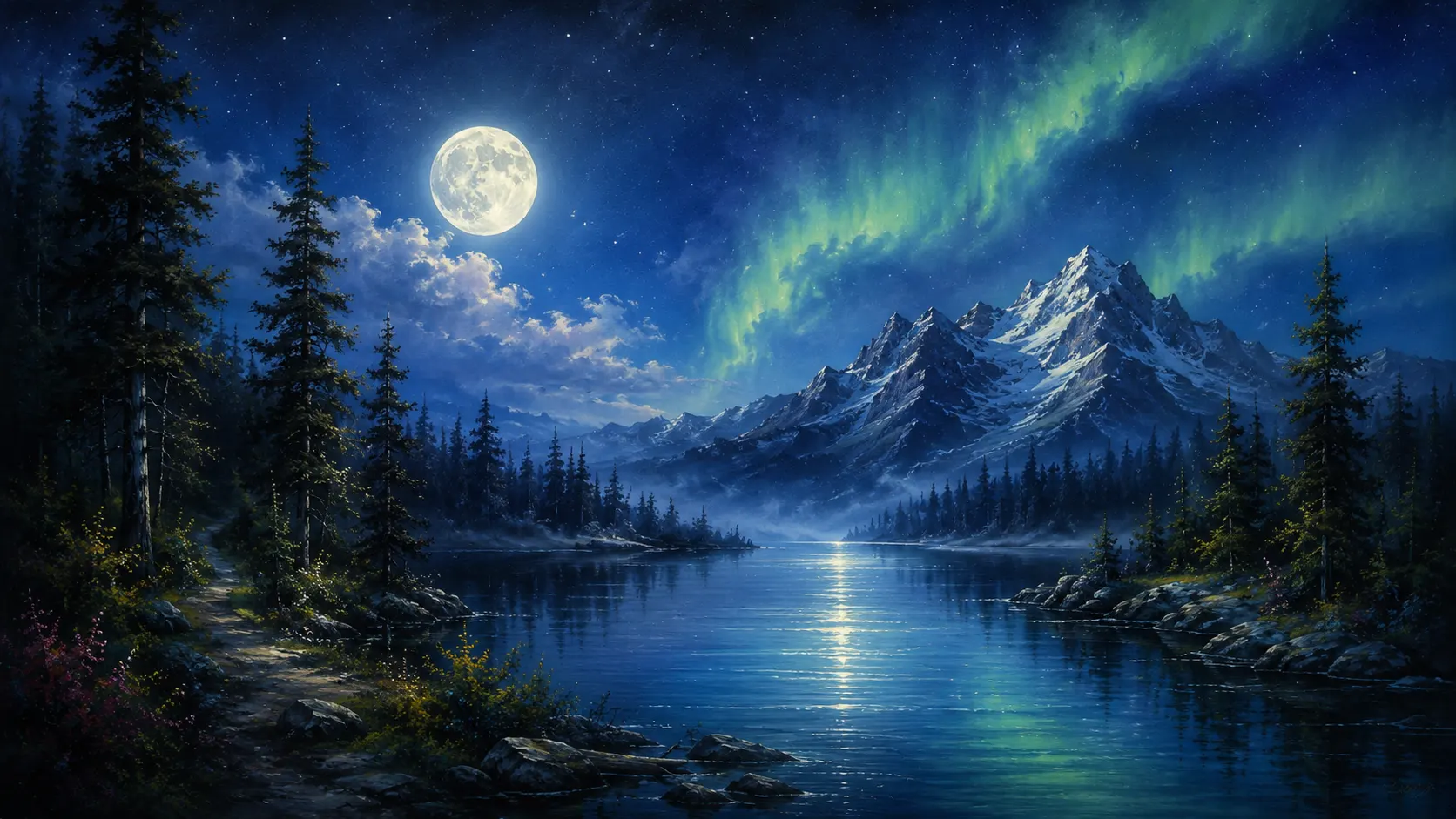 Bob Ross style northern lights mountain lake online painting tutorial