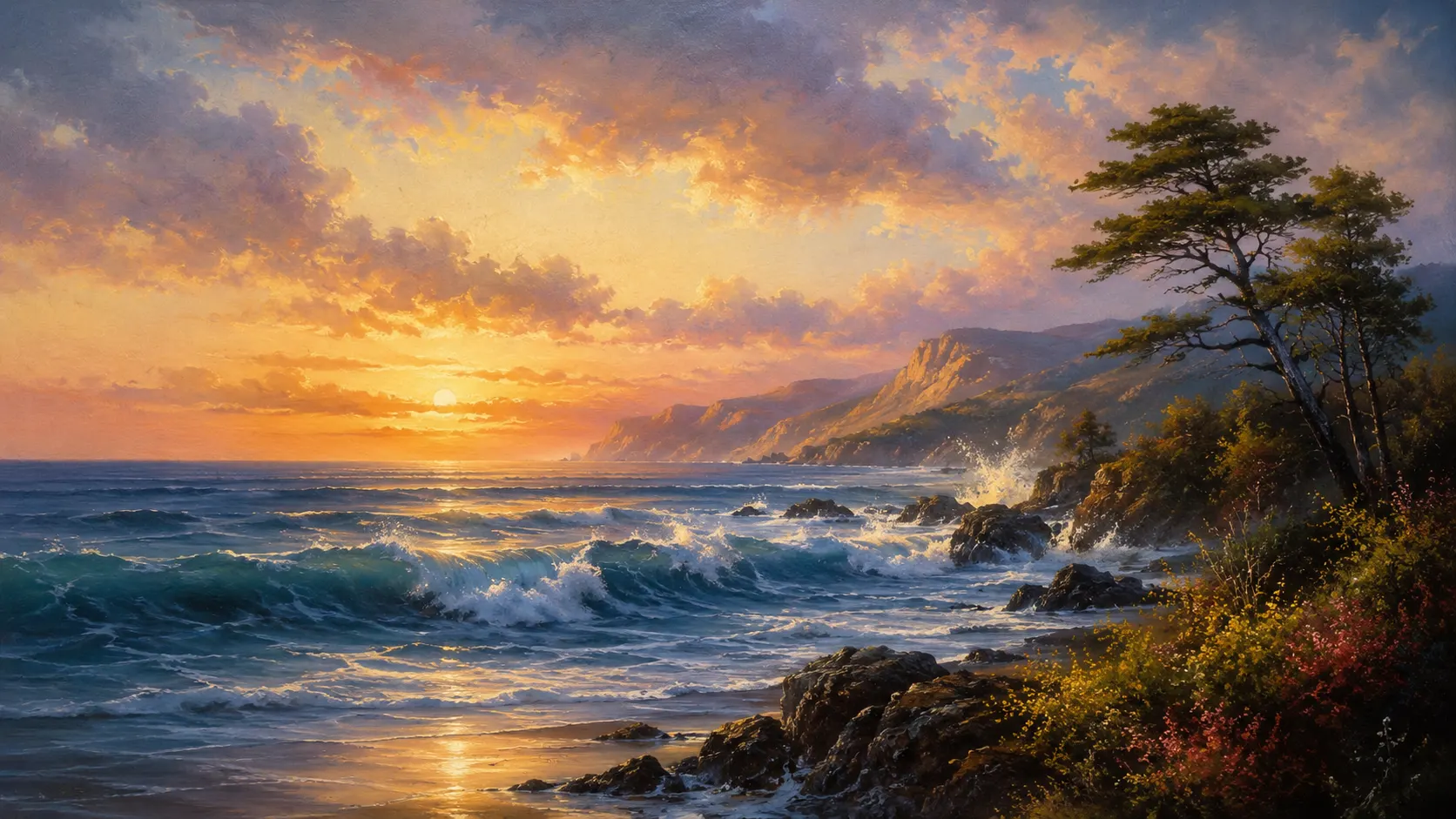 Bob Ross style seascape sunset waves oil painting enquiry page