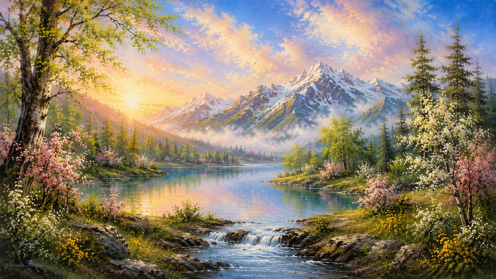 Bob Ross style spring lake mountain oil painting gift voucher