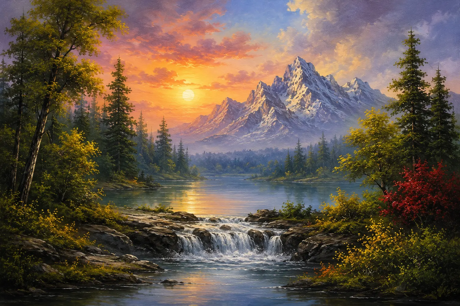 Bob Ross style sunset mountain waterfall oil painting class
